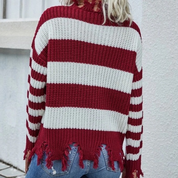 Red/White Striped Frayed Style Knit Sweater in M - Picture 2 of 5